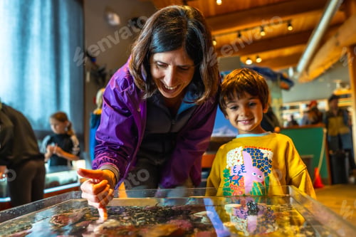 Preview: Mother and child exploring marine life at aquarium touch tank