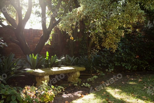 Preview: Empty stone bench by plants against surrounding wall