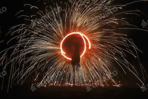 Preview: Fire dancers swing, spinning red fire and man juggling with bright sparks
