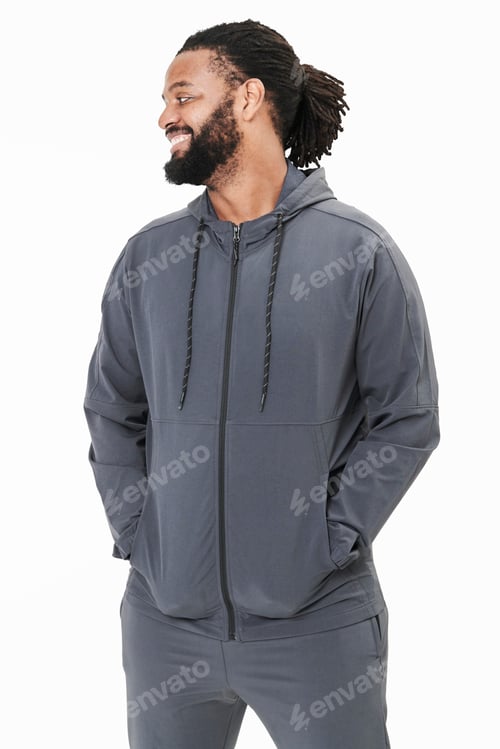 Preview: Men's gray hoodie mockup fashion shoot in studio