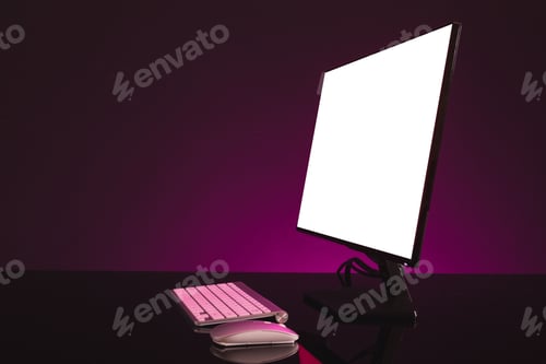 Preview: Composite of computer with blank screen and copy space on neon background