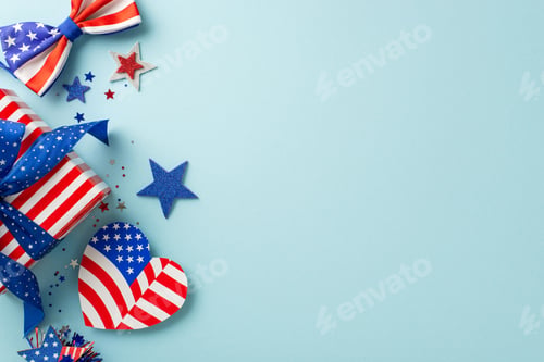 Preview: Veterans Day festivity. Top view of iconic decorations: heart featuring American flag motif