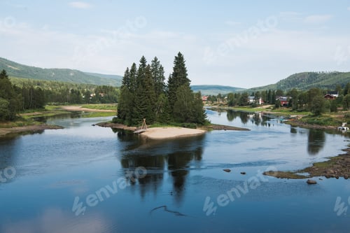 Preview: small island with fir trees on river, Trysil, Norway's largest ski resort