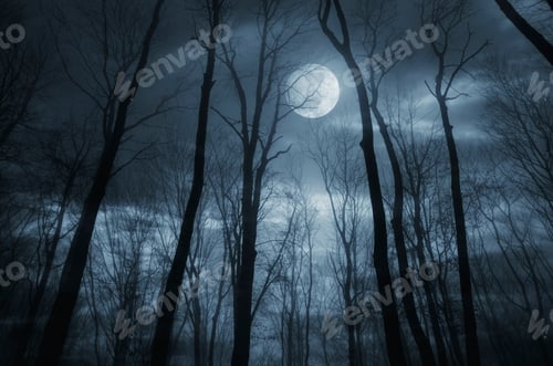 Preview: night in the woods under full moon, dark fantasy halloween background