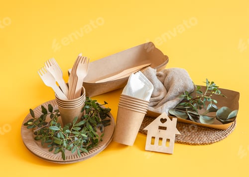 Preview: eco friendly disposable dishes made paper on an orange background.