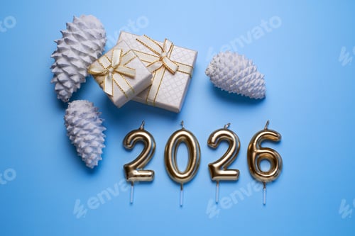 Visualização: Configuração de celebração de Ano Novo com decorações douradas e presentes para 2026