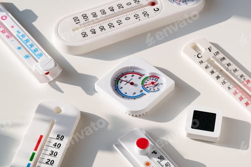 Preview: White Plastic Thermometers on a White Surface