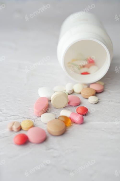 Preview: Close up of many colorful pills and capsules