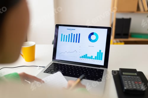 Preview: Over the shoulder view of young businesswoman analyzing statistics on laptop