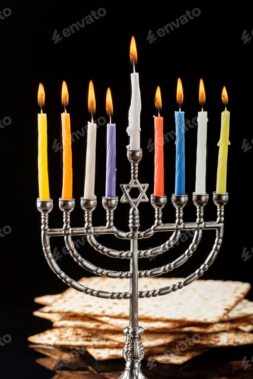 Preview: Menorah with candles for Hanukkah on black background