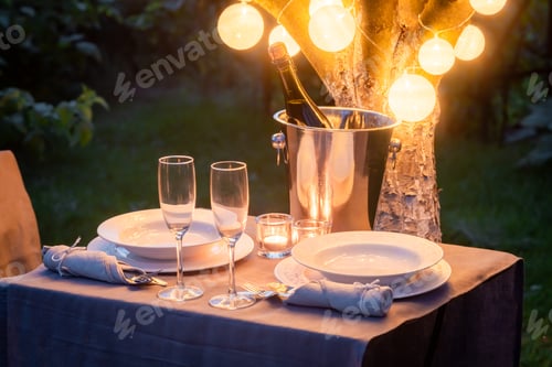 Preview: Illuminated table for two in green garden