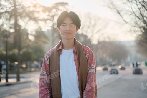 Preview: portrait of an asian man looking at the camera with the sun shining against the backlight.