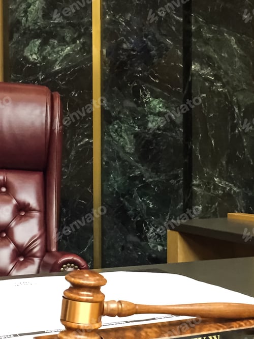 Preview: Approaching the bench in a courtroom with gavel and judge seat for law and order trial proceedings