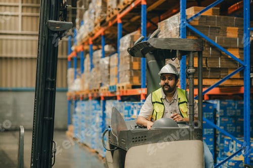 Preview: Man worker at forklift driver happy working in industry factory logistic ship.
