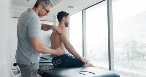 Preview: Consulting, physiotherapy and back pain with people in clinic for deep tissue pressure, tension and