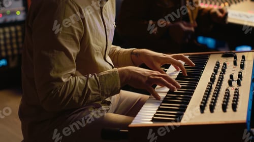 Preview: Musician artist playing midi controller synthesizer in recording music studio
