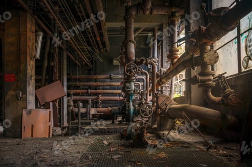 Preview: Old abandoned factory with pipes and cogs on a grungy floor