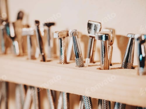 Preview: Carving stamps set tool on the shelf. Leather craft instruments for processing of natural materials