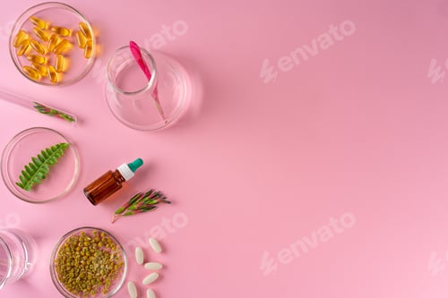 Preview: Herbs and Herbal dietary supplements top view on pink background
