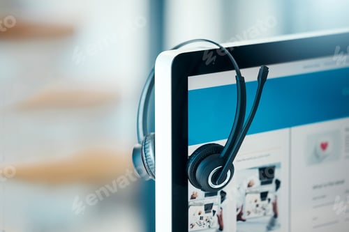 Preview: Headphones, call center and computer, screen and empty office. Contact us, customer service or crm,