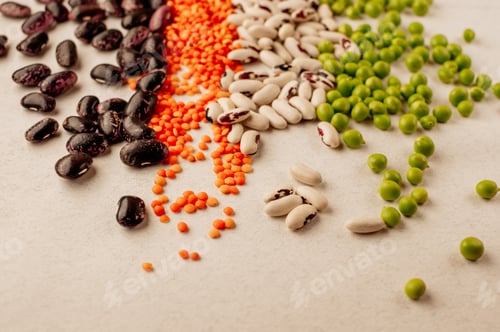 Preview: Collection set of various dried legumes laid out in a horizontal line