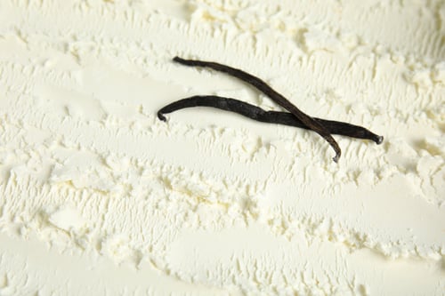 Preview: Vanilla pods and delicious ice cream as background, closeup. Space for text