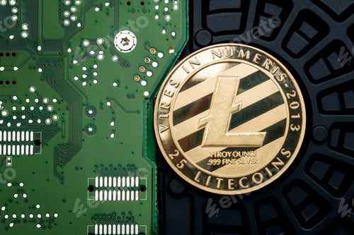 Preview: Gold metallic litecoin on electronic circuit motherboard