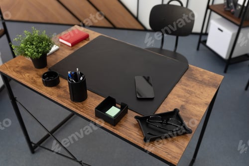 Preview: stylish workplace in the office top view