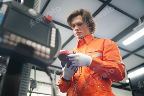 Preview: Industry 4.0: Young engineer works at a robotic arm