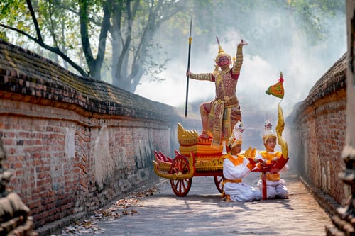 Preview: Khon or traditional Thai classic masked from the Ramakien as character of red giant stand and dance