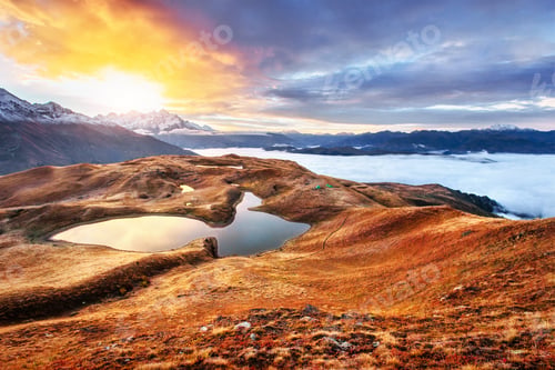 Preview: Sunset on mountain lake Koruldi. Upper Svaneti, Georgia Europe. Caucasus mountains