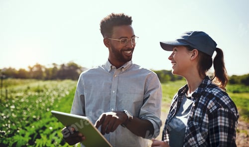 Preview: Cropped shot of two young farmers looking at a tablet while working on their farm
