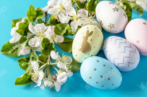 Preview: Easter composition with colorful eggs and flowers of apple tree.