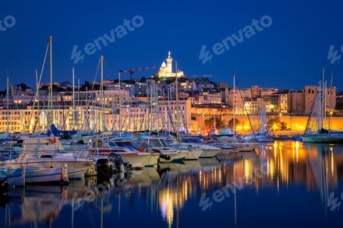 Preview: Marseille Old Port in the night. Marseille, France