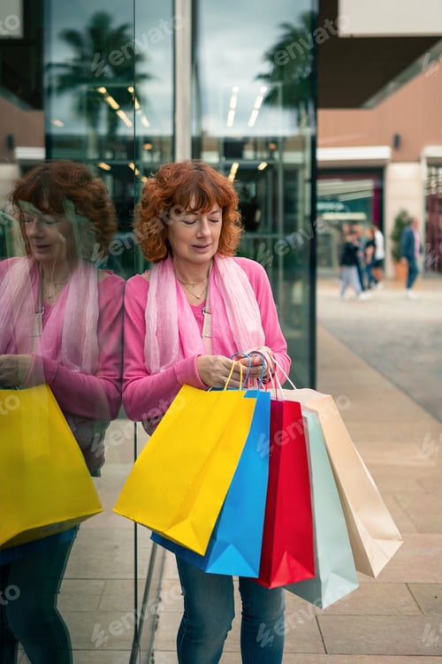 Preview: Woman holding shopping bags in front of a store window