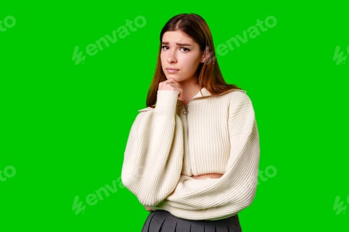 Preview: Young Woman Deep in Thought Against a Green Screen Background