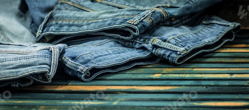 Preview: bunch of jeans on a wooden background strewn, fashionable clothes