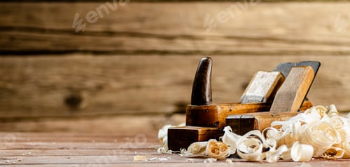 Preview: Working tool. Planer with wooden shavings.