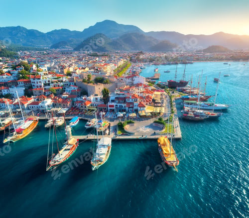 Preview: Aerial view of boats and beautiful architecture at sunset
