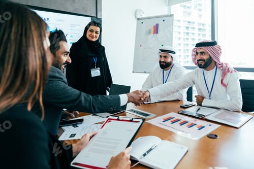 Preview: Arab and multiethnic business team shaking hands in meeting