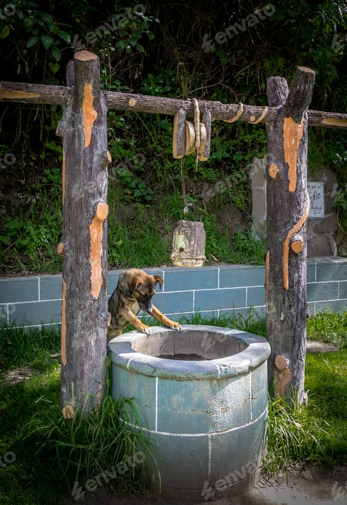 Preview: Dog looking into a water well