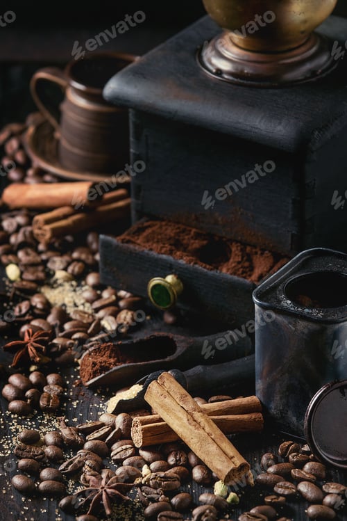Preview: Black coffee beans with spices