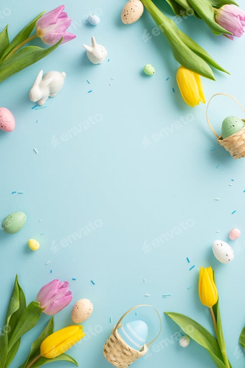 Preview: Springtime splendor: tiny ceramic bunnies, fresh tulips, sprinkles, and eggs on a pastel blue canvas
