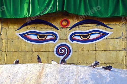 Preview: Eyes of Buddha painted on the Swayambhunath stupa, Nepal. Focus on foreground