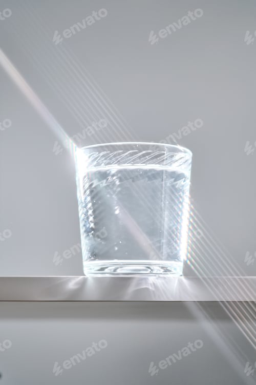 Preview: Glass of clean filtered water on white background with beautiful glare.