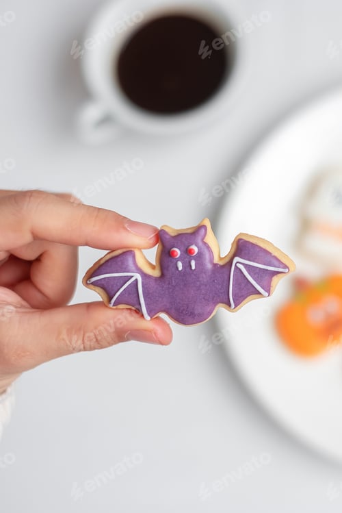 Preview: Halloween Cookies with coffee cup. Trick or Threat, Happy Halloween, party and holiday concept