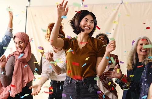 Preview: Action shot of mixed age multiethnic women celebrating International Women's Day
