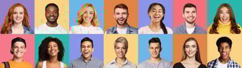 Preview: Composite collage of diverse group expressing positive emotions, panorama