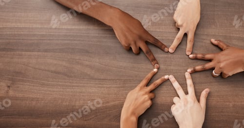 Preview: Hands, diversity and star shape on table for team building, community and peace gesture from above.