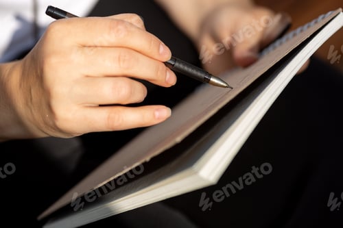 Preview: A woman's hand is writing something in a notebook